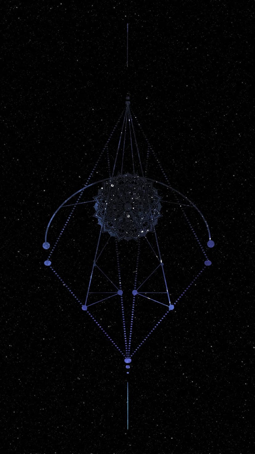 Dark blue geometric mandala with purple orbs centered against a black sky filled with tiny sparkling white stars.