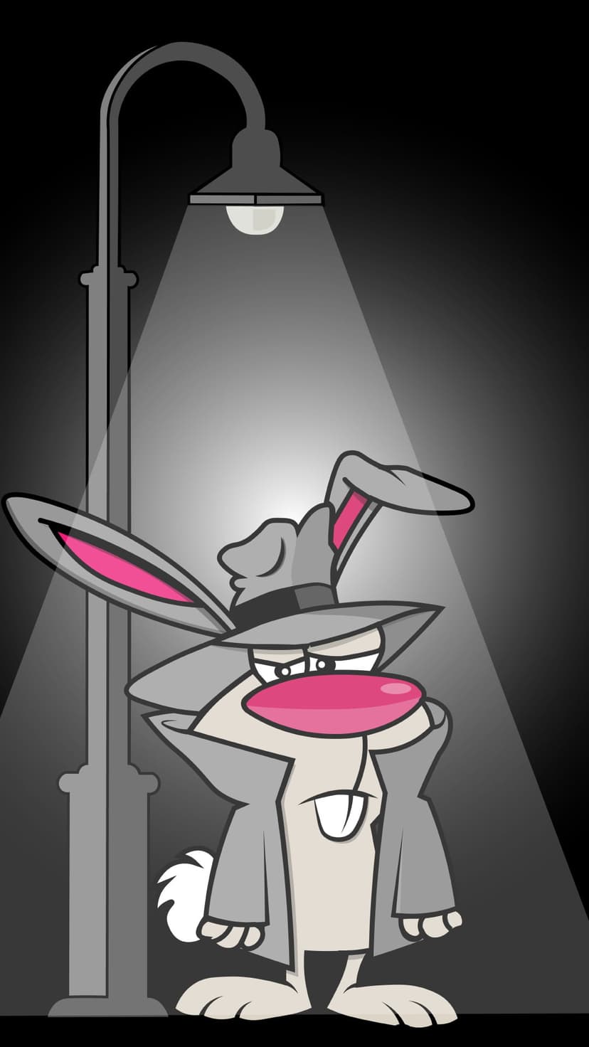 Rabbit detective wearing a trench coat and fedora stands in a circle of light from a lamp on a dark street.