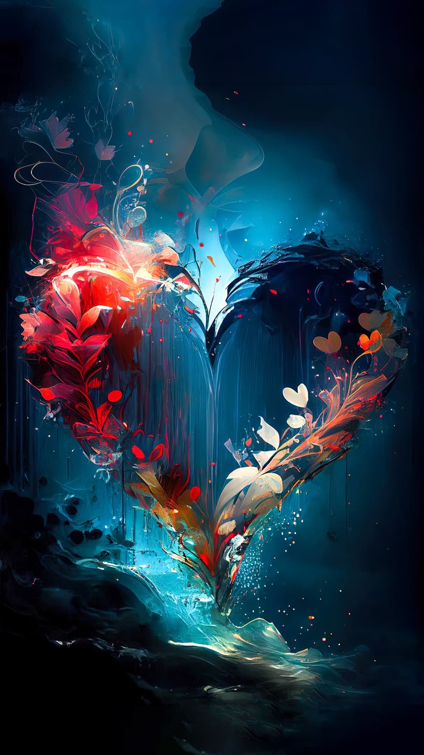 Split heart with red fiery petals on the left and blue floral patterns on the right against a dark background.