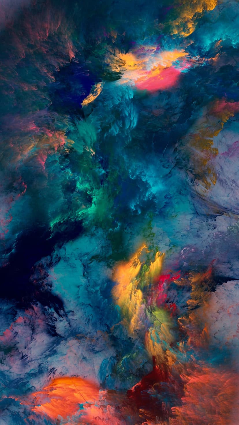 Deep blue and emerald swirls intersect with bright pink and orange textures in a fluid, cosmic cloud formation.