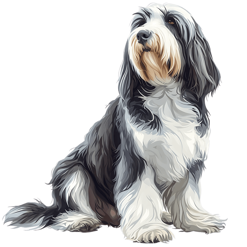Bearded Collie dog sitting in profile against a black background with detailed grey and white shaggy fur texture.