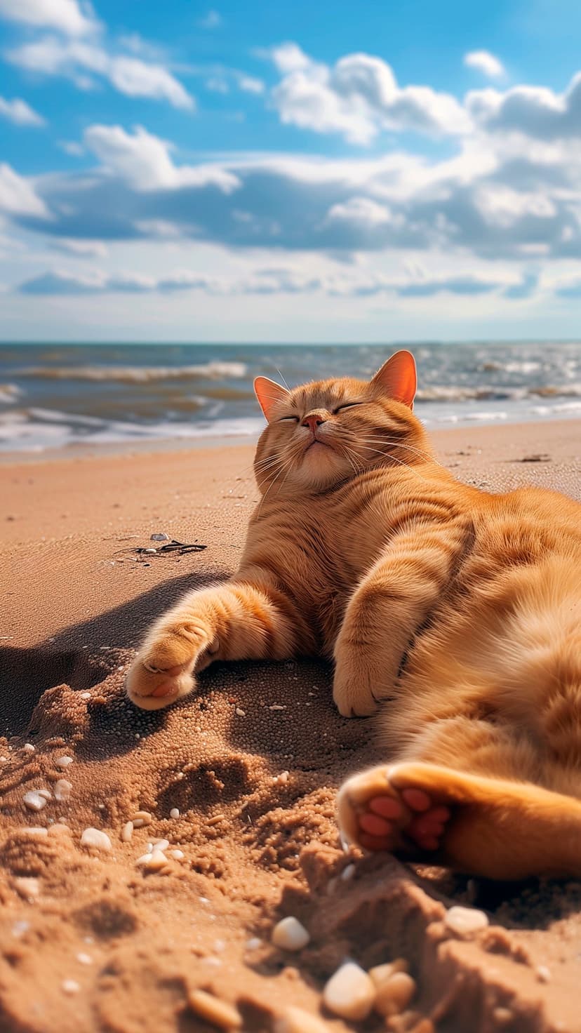 Orange tabby cat sleeping on golden sand with ocean waves and a bright blue sky in the blurred background.