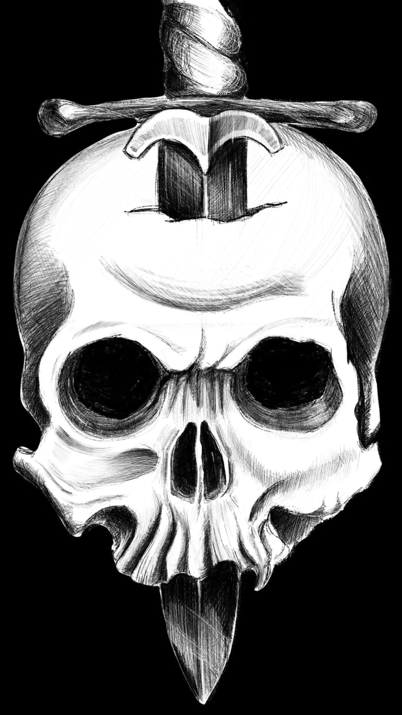 Human skull impaled by a steel sword with a twisted hilt, shown in a detailed black and white ink sketch style.