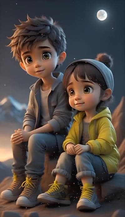 Cute Animated Kids Sitting Under Moonlit Sky