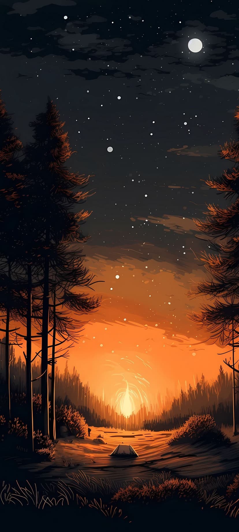 Burning campfire in a pine forest at night under a clear starry sky with embers rising into the dark atmosphere.