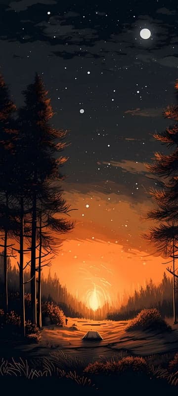 Starry Night Forest Campfire with Orange Sky