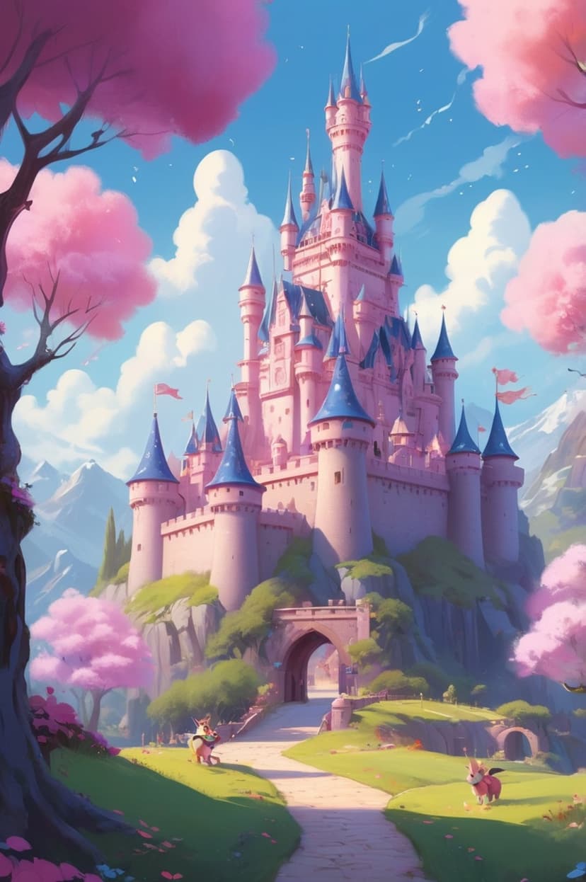 Pink fairytale castle with blue domes near cherry blossoms, a stone bridge, and distant snow-capped mountains.