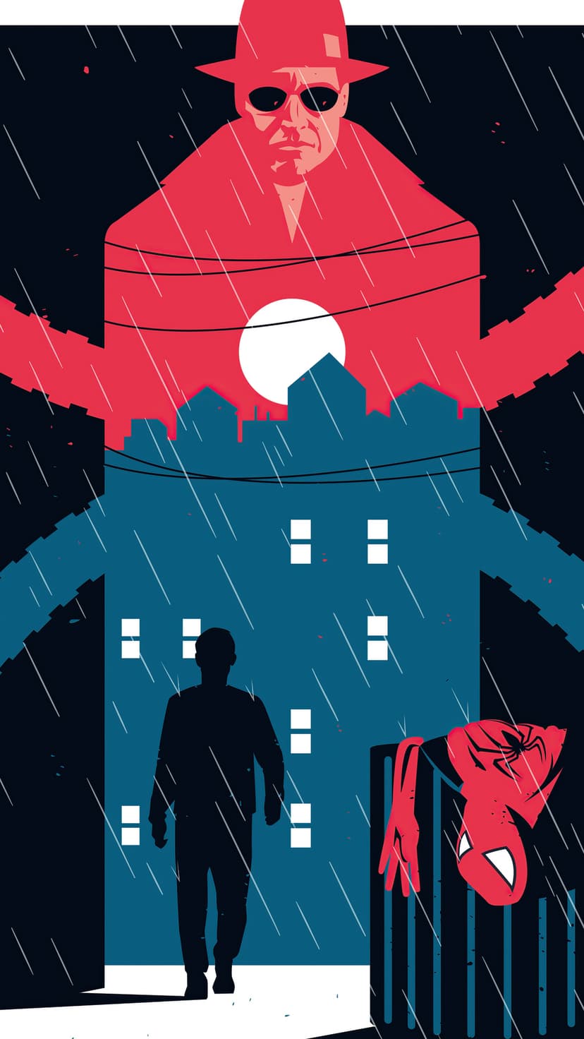 Red-hatted figure in a trench coat stands over a rainy city street with a discarded spider mask in a trash bin.