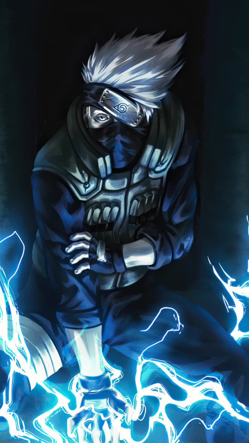 Kakashi Hatake crouches with silver hair and a mask as blue lightning sparks around his hand and headband.