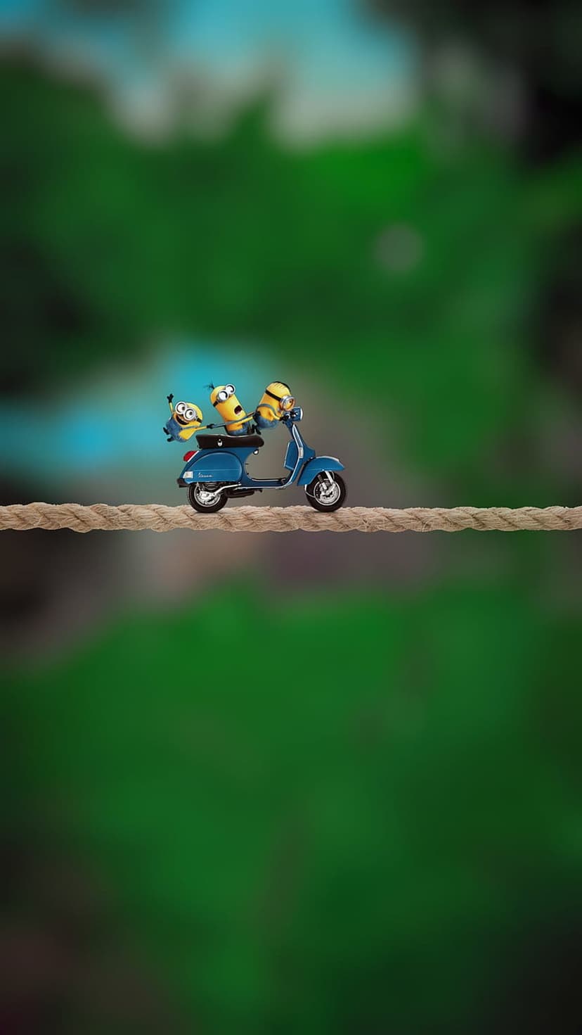 Three Minions balance on a blue scooter over a thick tightrope against a blurred green and blue background.