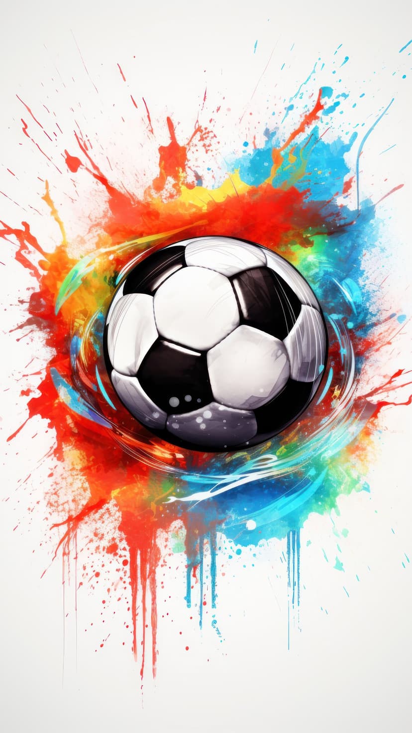 Soccer ball centered amidst vibrant red blue and green paint splatters against a bright abstract background.