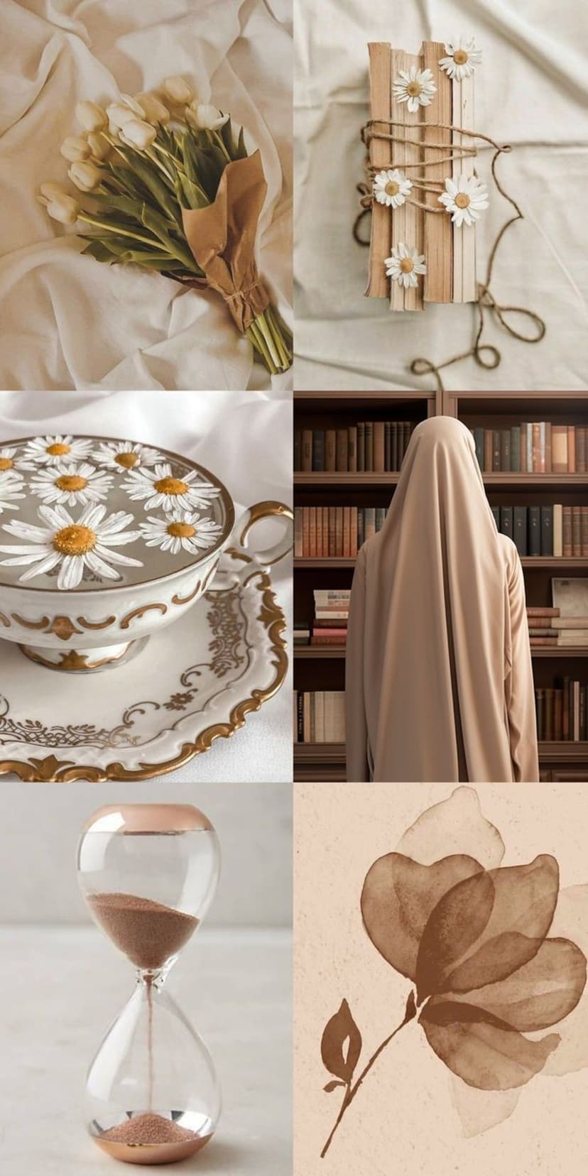White tulips, a person in a hijab by books, and a sand hourglass appear in a soft-toned floral collage background.