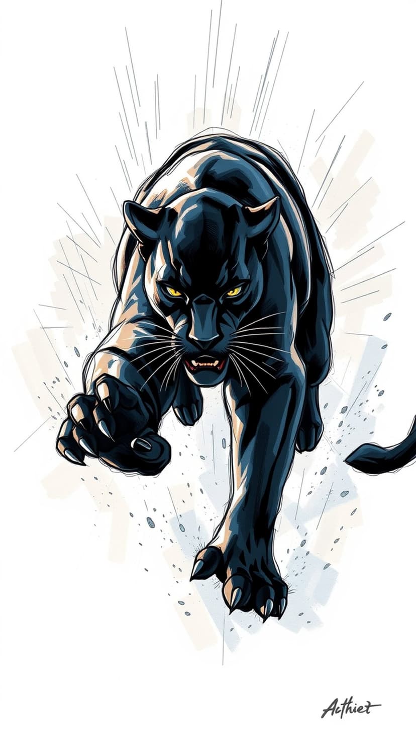 Black panther pounces forward with bared teeth and glowing yellow eyes against a dark, stylized background.