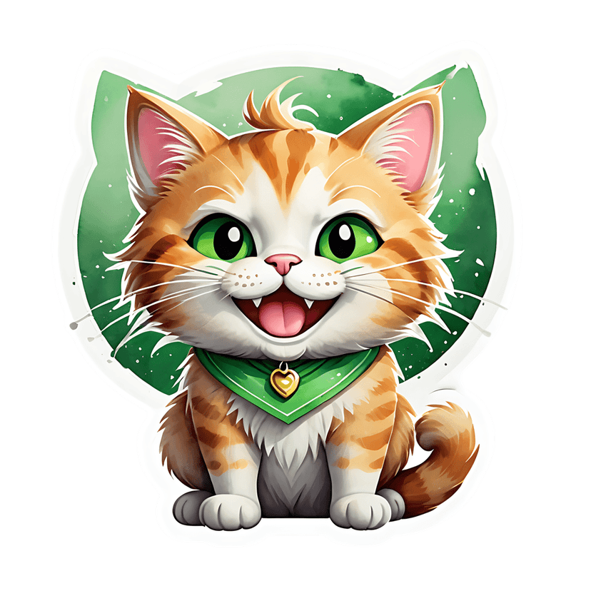 Orange tabby kitten sticker with green eyes and heart bandana sitting against a circular watercolor background.