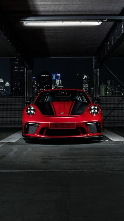 Red Porsche 911 GT3 RS Night City Skyline Phone Wallpaper