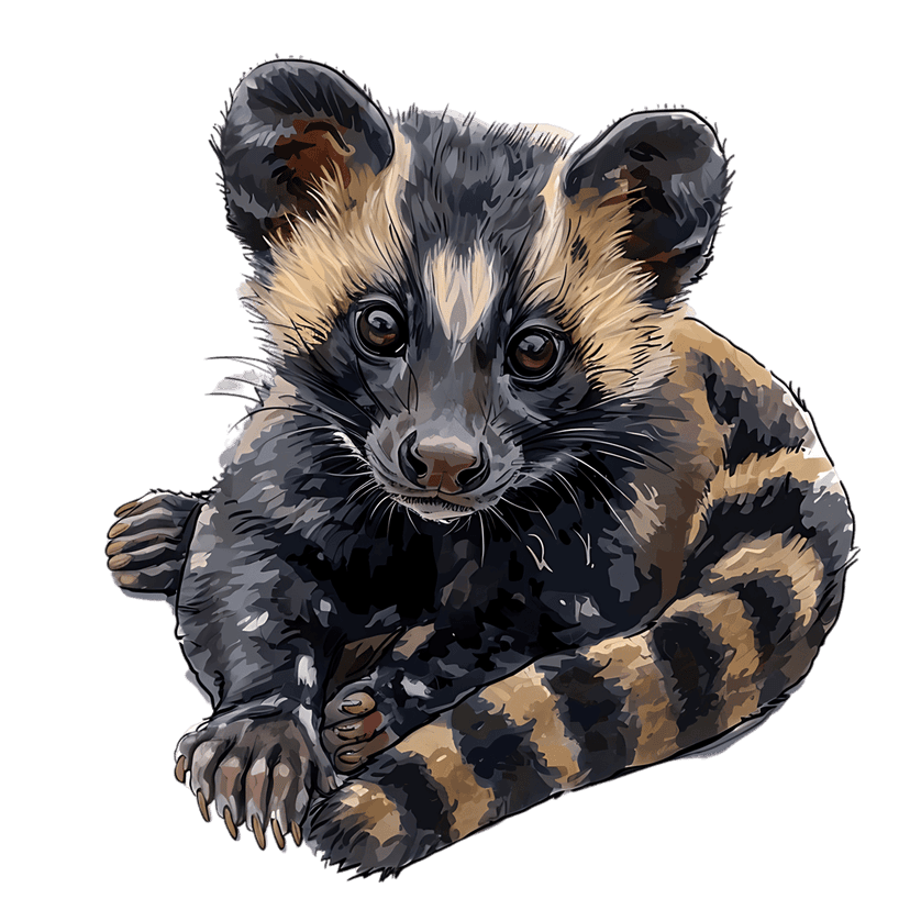 Civet cat digital illustration features a striped tail, prominent facial markings, and large eyes on black.