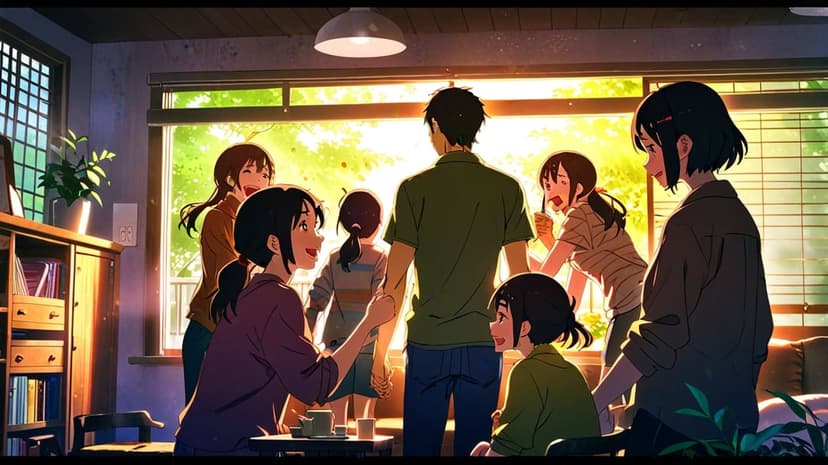 Family members converse in a sun-drenched room filled with books and furniture, creating a warm domestic scene.