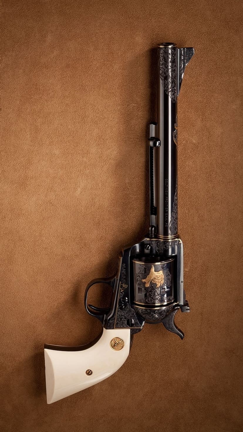 Engraved black revolver with ivory grips and a gold bull emblem resting on a textured brown leather background.