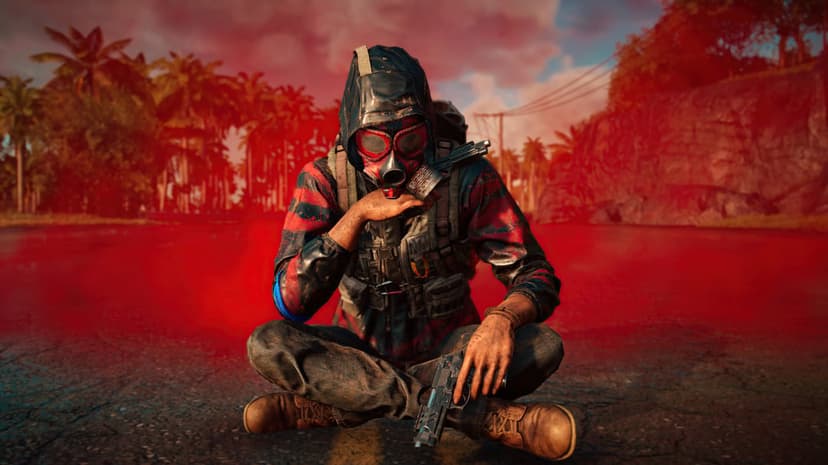 Survivor in a gas mask holding a pistol sits on a road surrounded by thick red smoke and tropical trees.