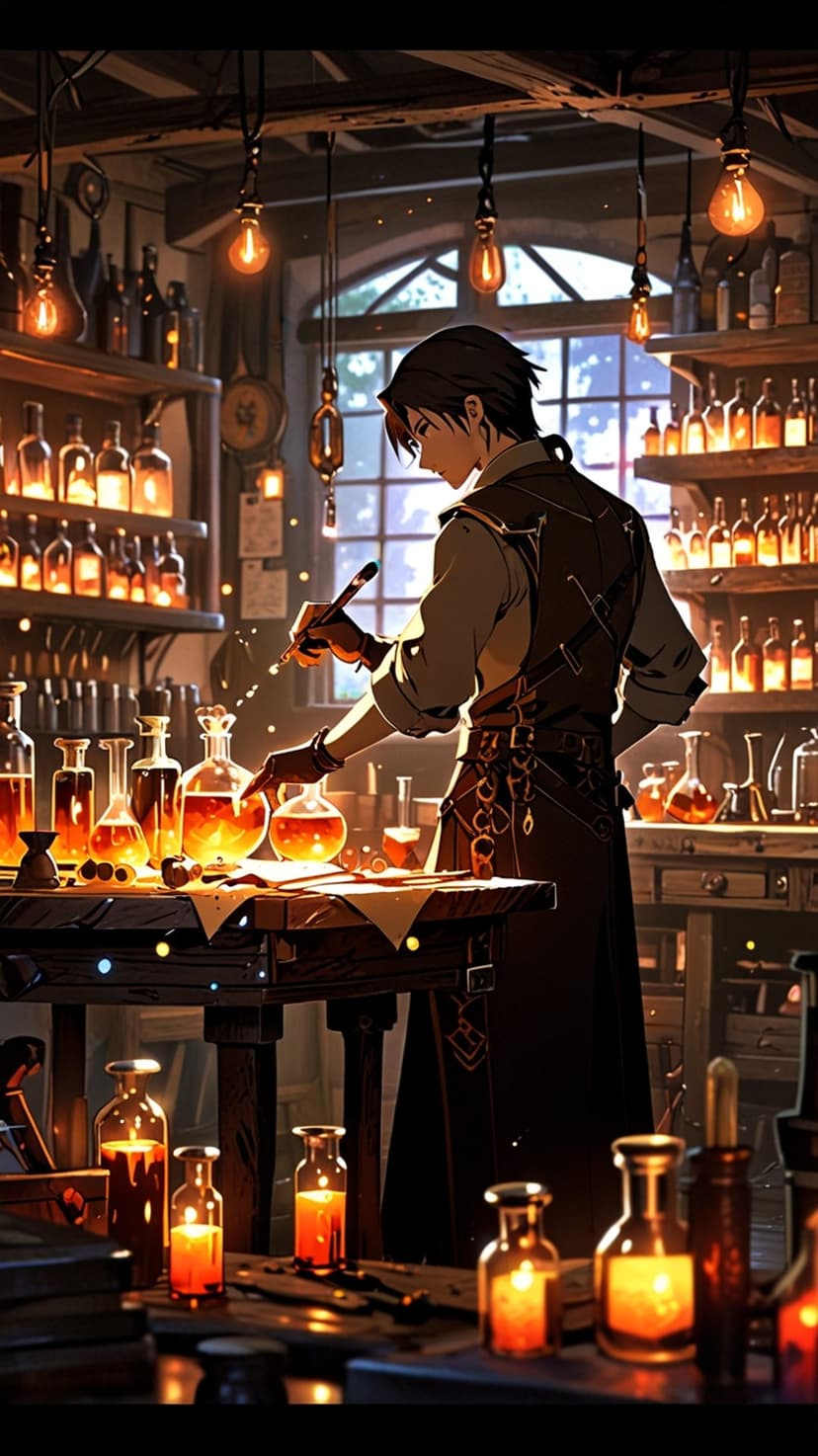 Alchemist in an apron writes with a quill surrounded by glowing blue vials and hanging warm incandescent bulbs.