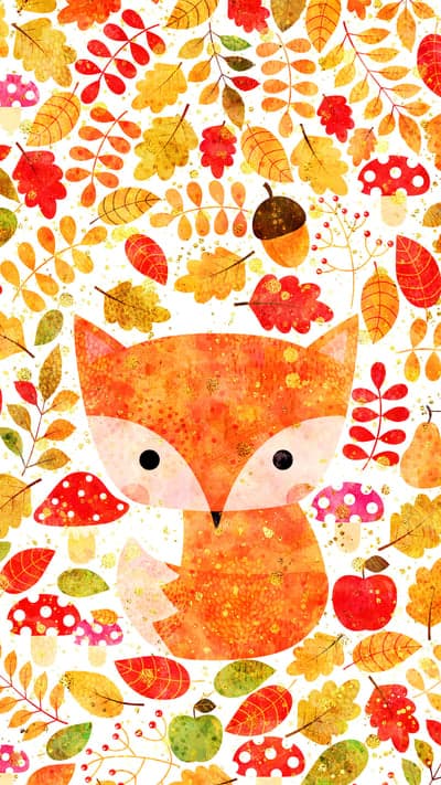 Cute Autumn Fox Surrounded by Fall Leaves and Mushrooms