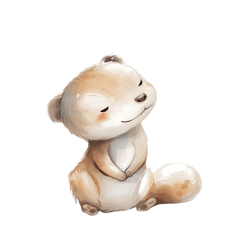 Seated squirrel watercolor illustration featuring closed eyes, clasped paws, and soft brown fur textures.