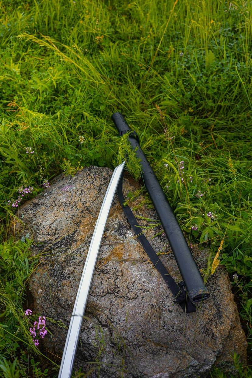Japanese katana and white scabbard on a weathered rock surrounded by green grass and small wildflowers.