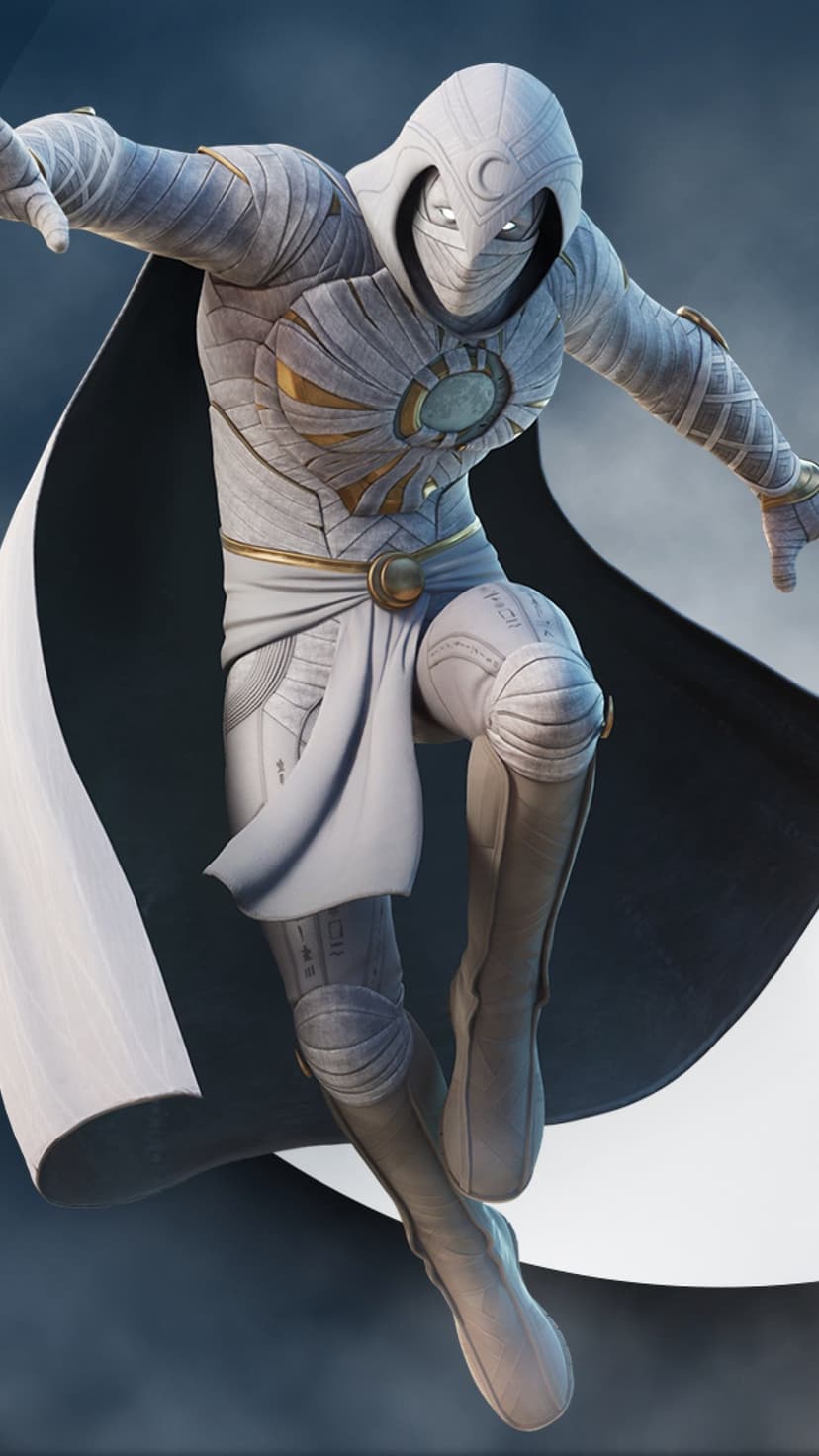 Moon Knight in a white and gold textured suit with a crescent moon emblem on the chest and a long flowing cape.