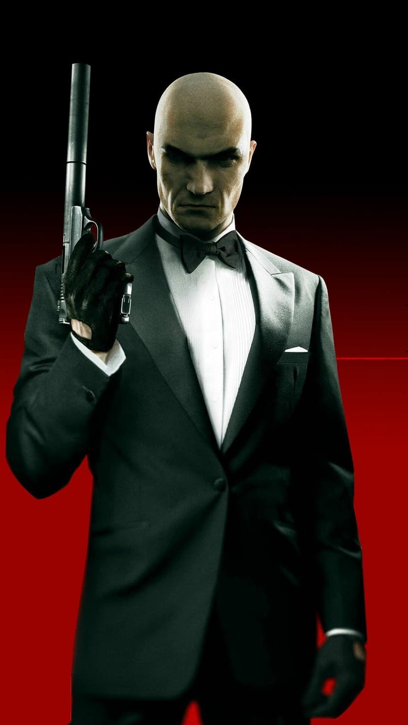 Agent 47 in a black tuxedo holding a silenced pistol against a red and black background with sharp lighting.