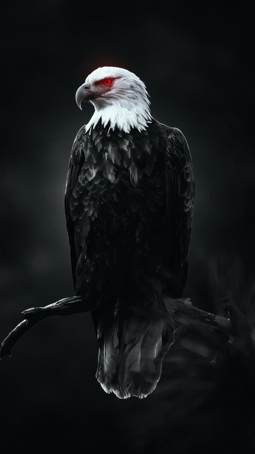 Bald eagle with white head feathers and glowing red eyes perches on a dark branch against a black background.