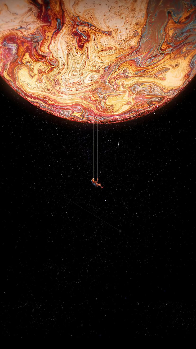 Astronaut swinging on a rope below a massive glowing planet with red and yellow swirls in a starry black cosmos.
