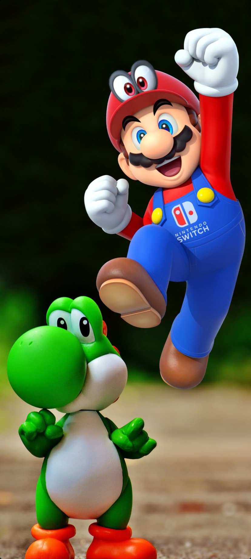 Mario jumps above Yoshi while wearing his red cap and blue overalls against a clean, bright studio background.