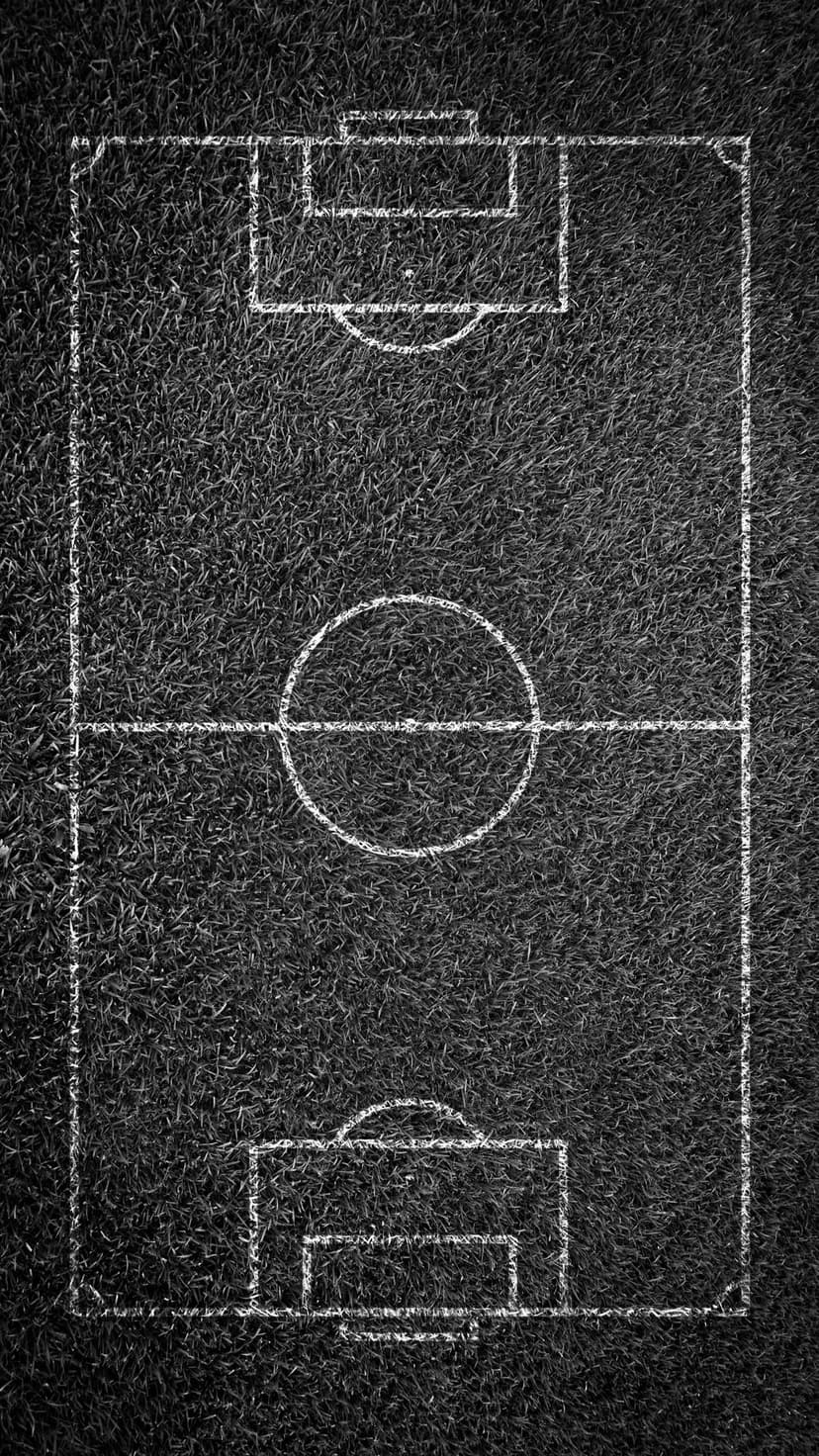 White soccer field markings and a center circle stand out against dark textured grass in a monochrome aerial view.