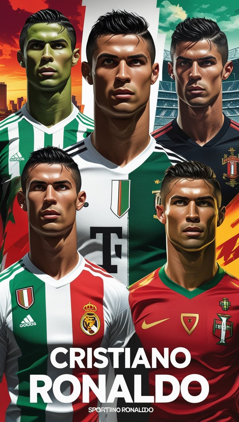 Cristiano Ronaldo wearing various club jerseys in a multi-portrait collage with bold athletic poses and lighting.