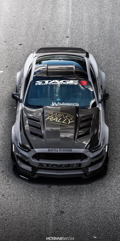 Aggressive Ford Mustang Widebody in Grey with Racing Decals