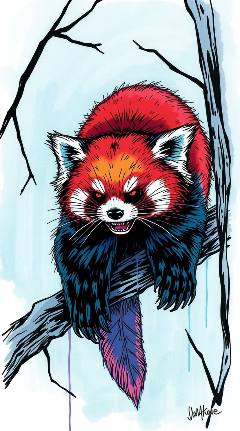 Red panda with glowing eyes and sharp teeth perches on a black branch against a soft blue and purple background.