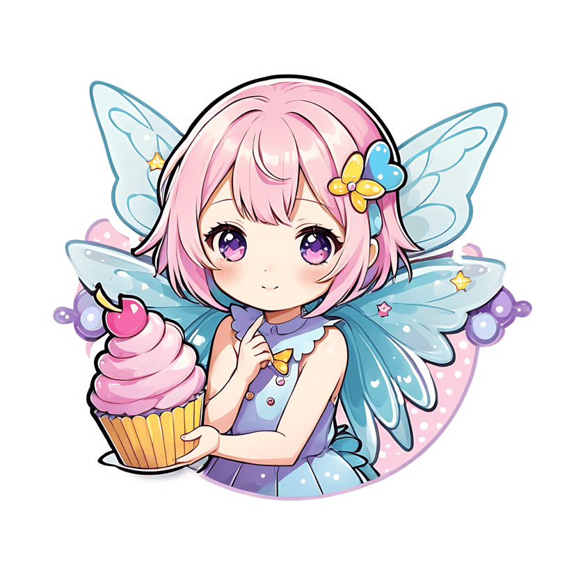 Chibi fairy girl sticker with pink hair and blue wings holding a pink cupcake against a polka dot circle.