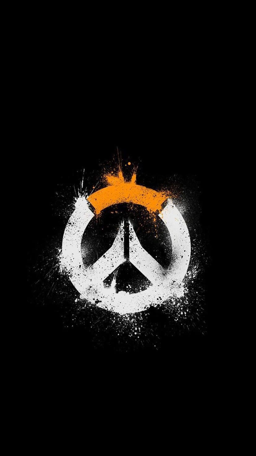 Overwatch emblem in white and orange with distressed spray-paint drips centered on a dark black background.