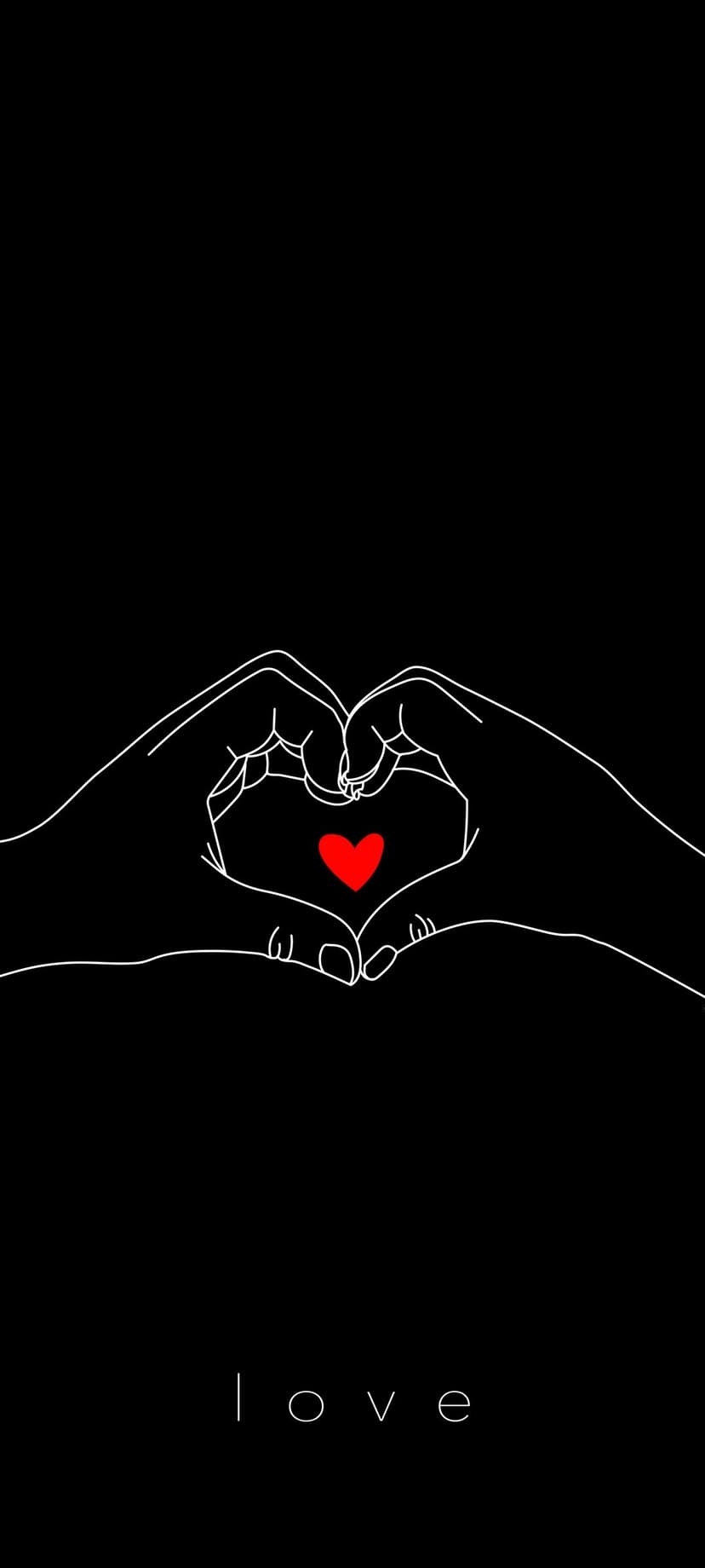 Human hands forming a heart shape around a crimson heart symbol with white love text on a deep black background.