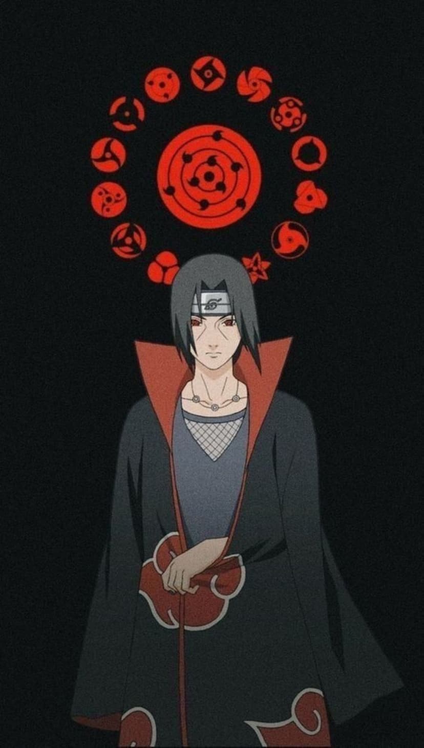 Itachi Uchiha showing detailed red Sharingan and purple Rinnegan eyes amidst deep shadows and red lighting.