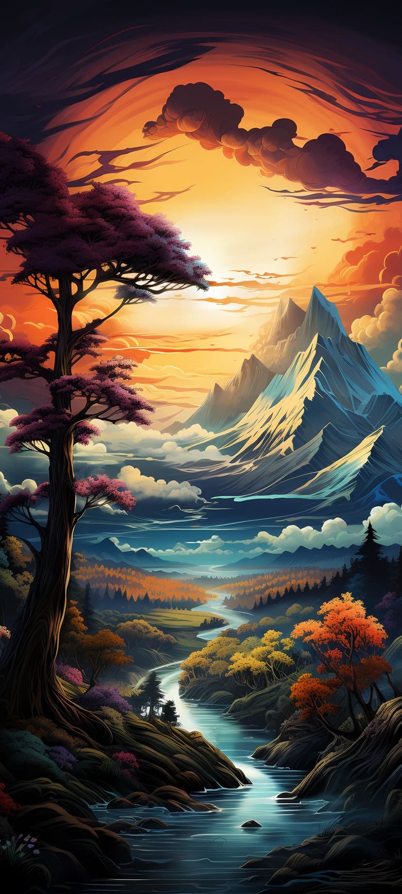 Purple-leaved tree overlooks a winding river and snow-capped peaks under a glowing golden sunset sky.