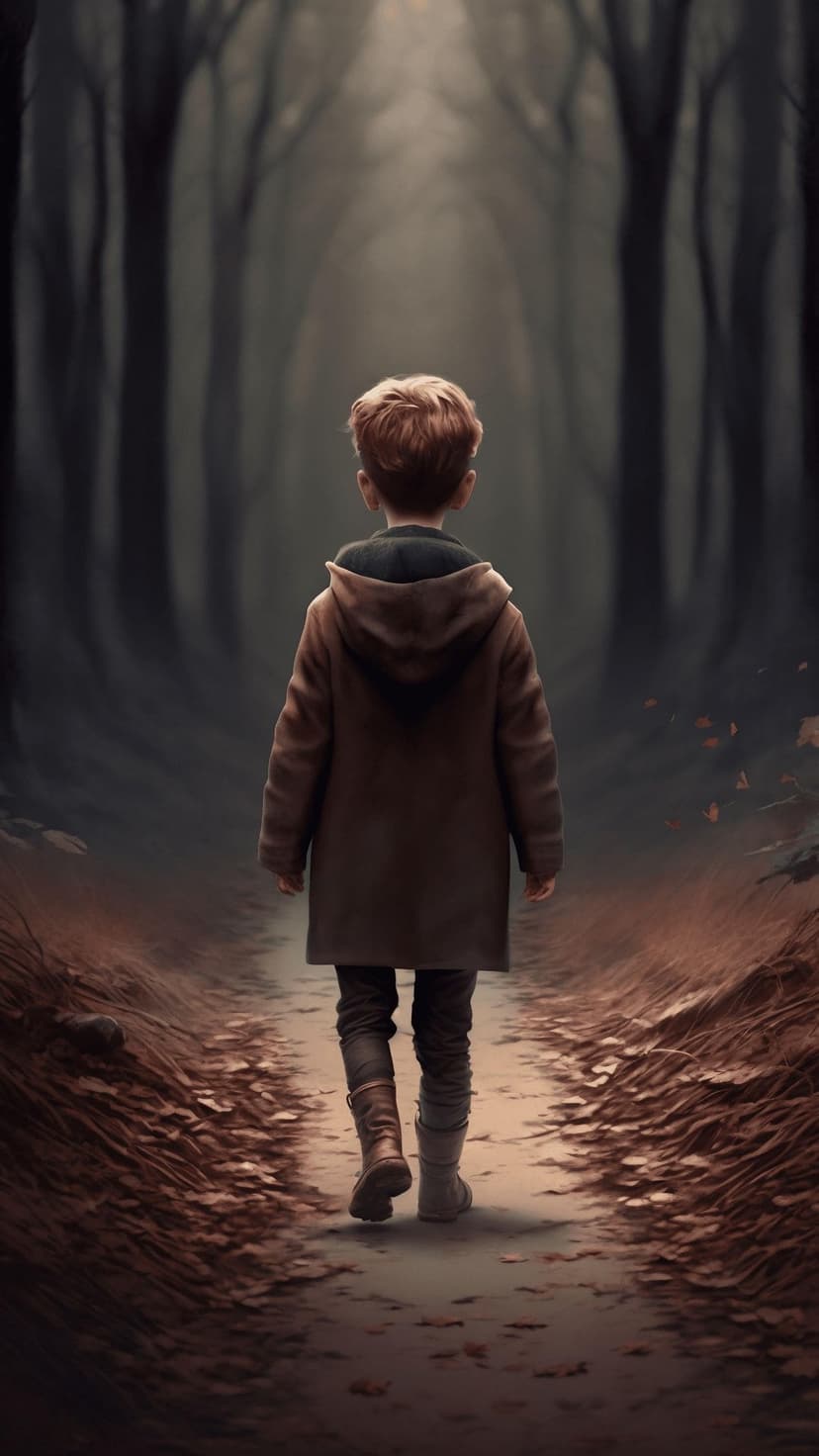 Boy in a brown coat walking away on a leaf-covered forest path as sunlight filters through tall autumn trees.
