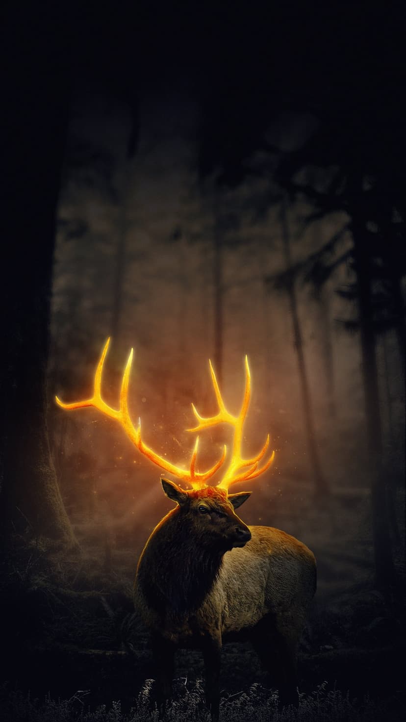 Majestic stag with glowing orange fire antlers stands amidst thick blue fog and dark silhouettes of forest trees.