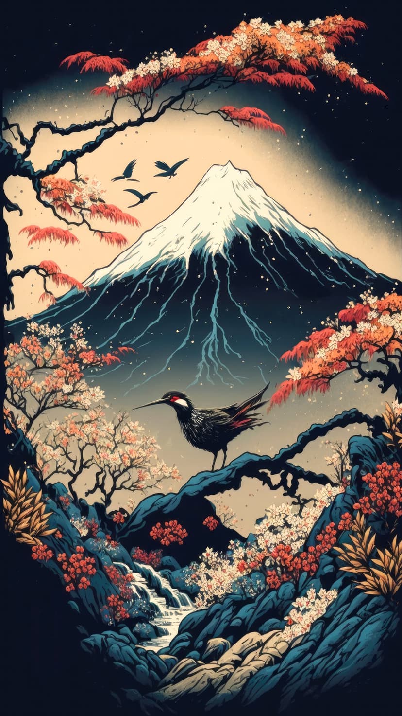 Mount Fuji rises behind red cherry blossoms and a perched bird under a starry sky beside a waterfall.