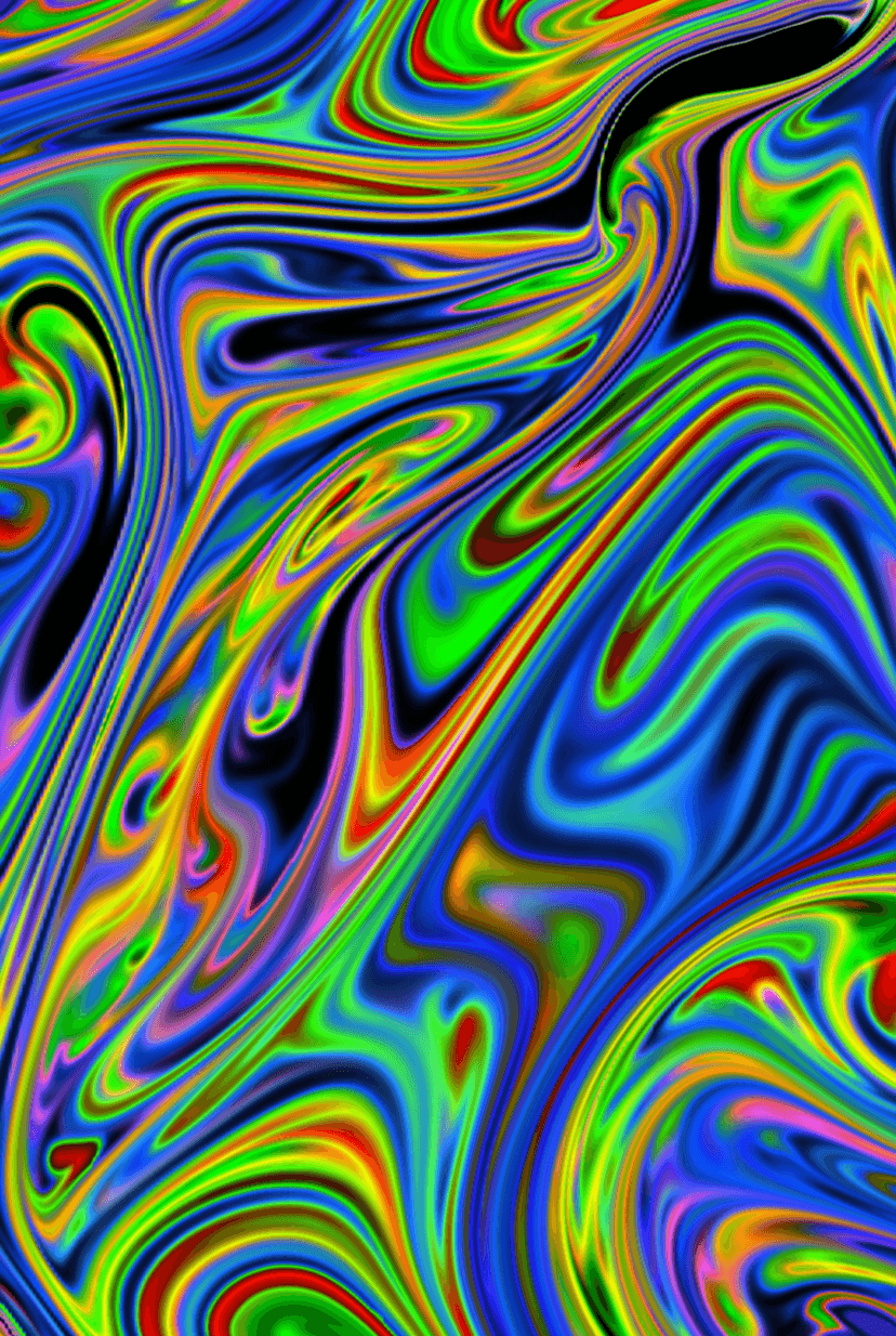 Swirling neon bands of blue, green, and red light curve across a dark background in a fluid, hypnotic pattern.