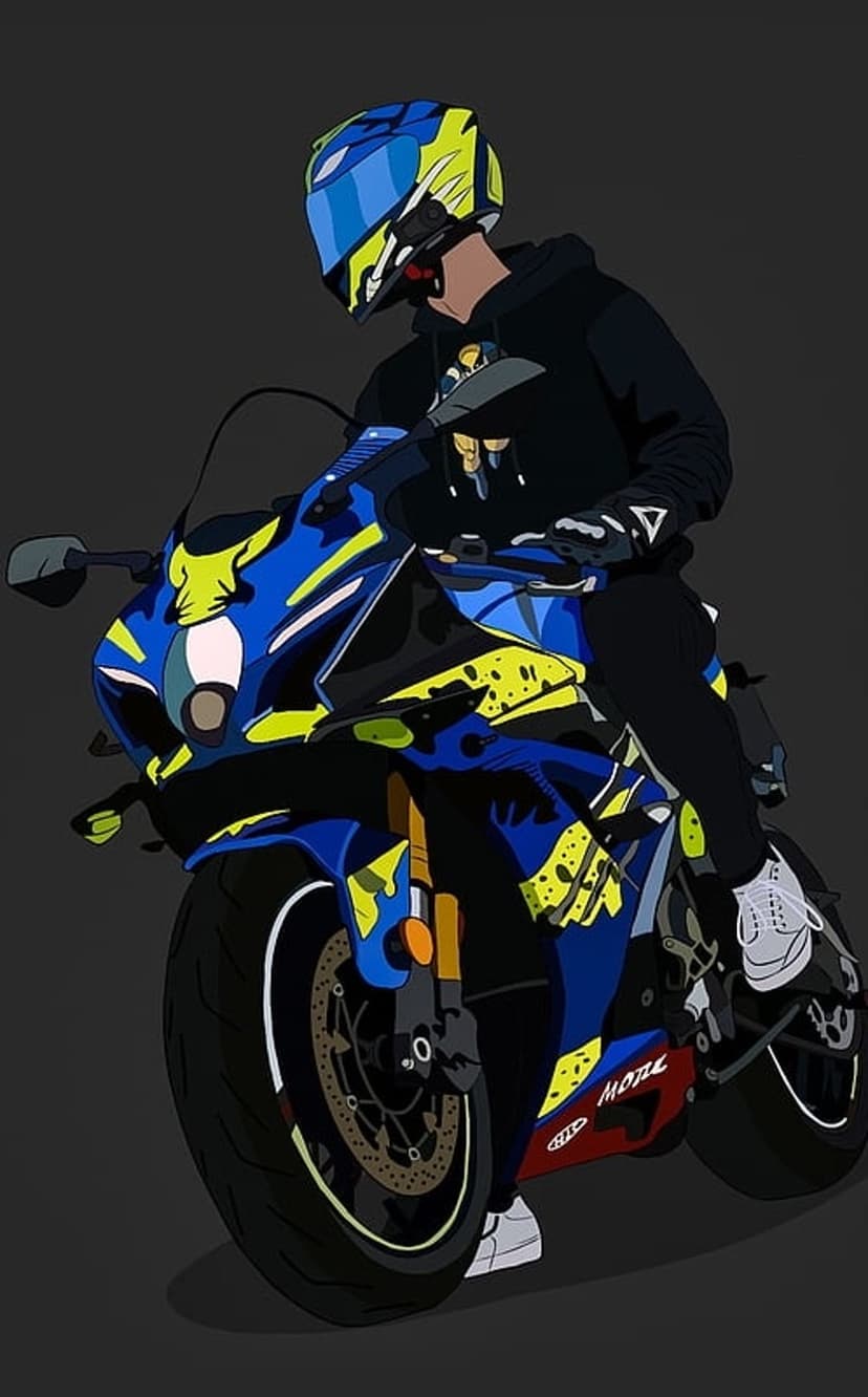 Motorcyclist in a blue helmet and black hoodie leans on a yellow sportbike against a minimalist background.