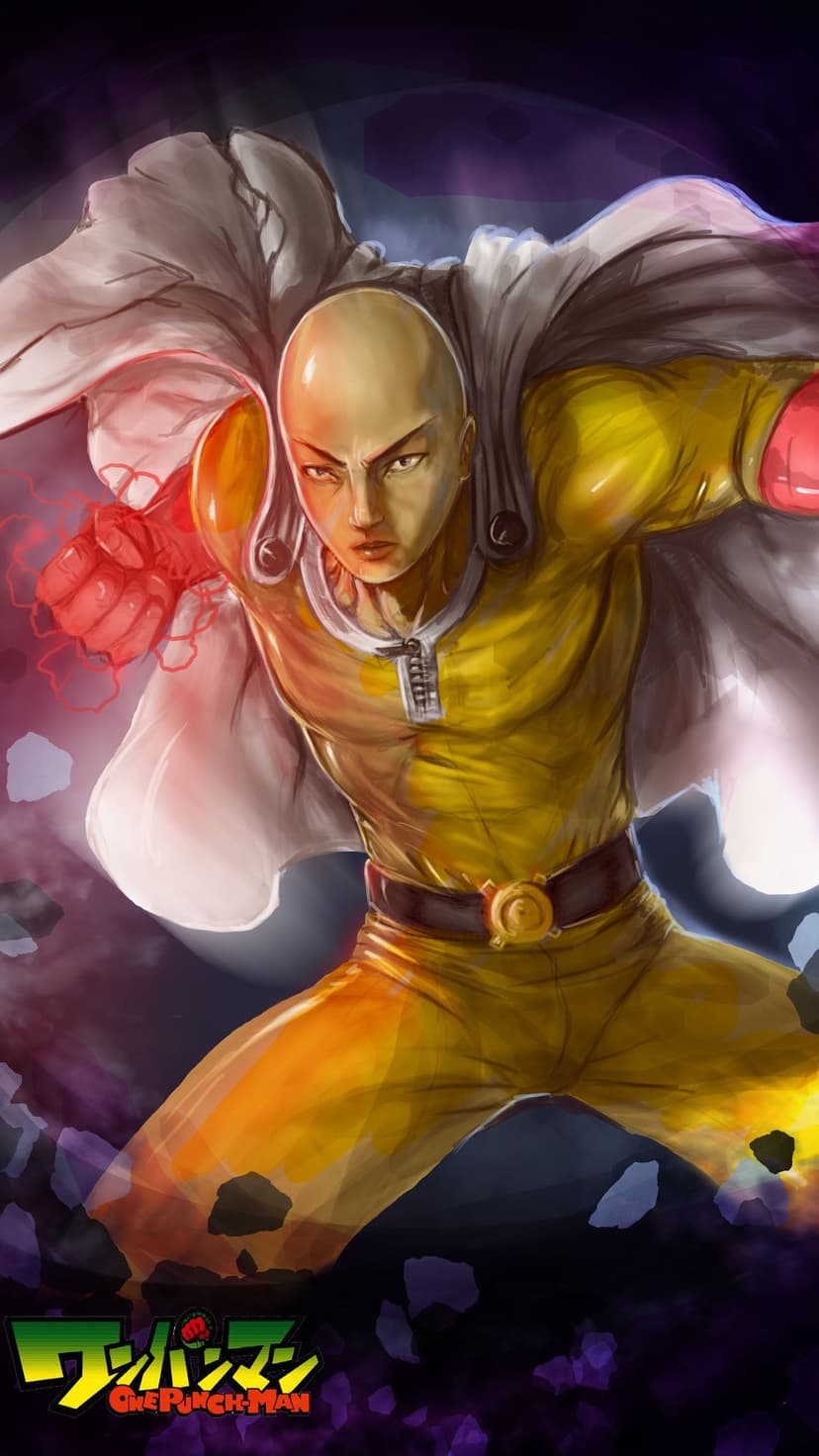 Saitama in a yellow hero suit punches with a glowing red fist amidst shattering stone and dark crimson lighting.