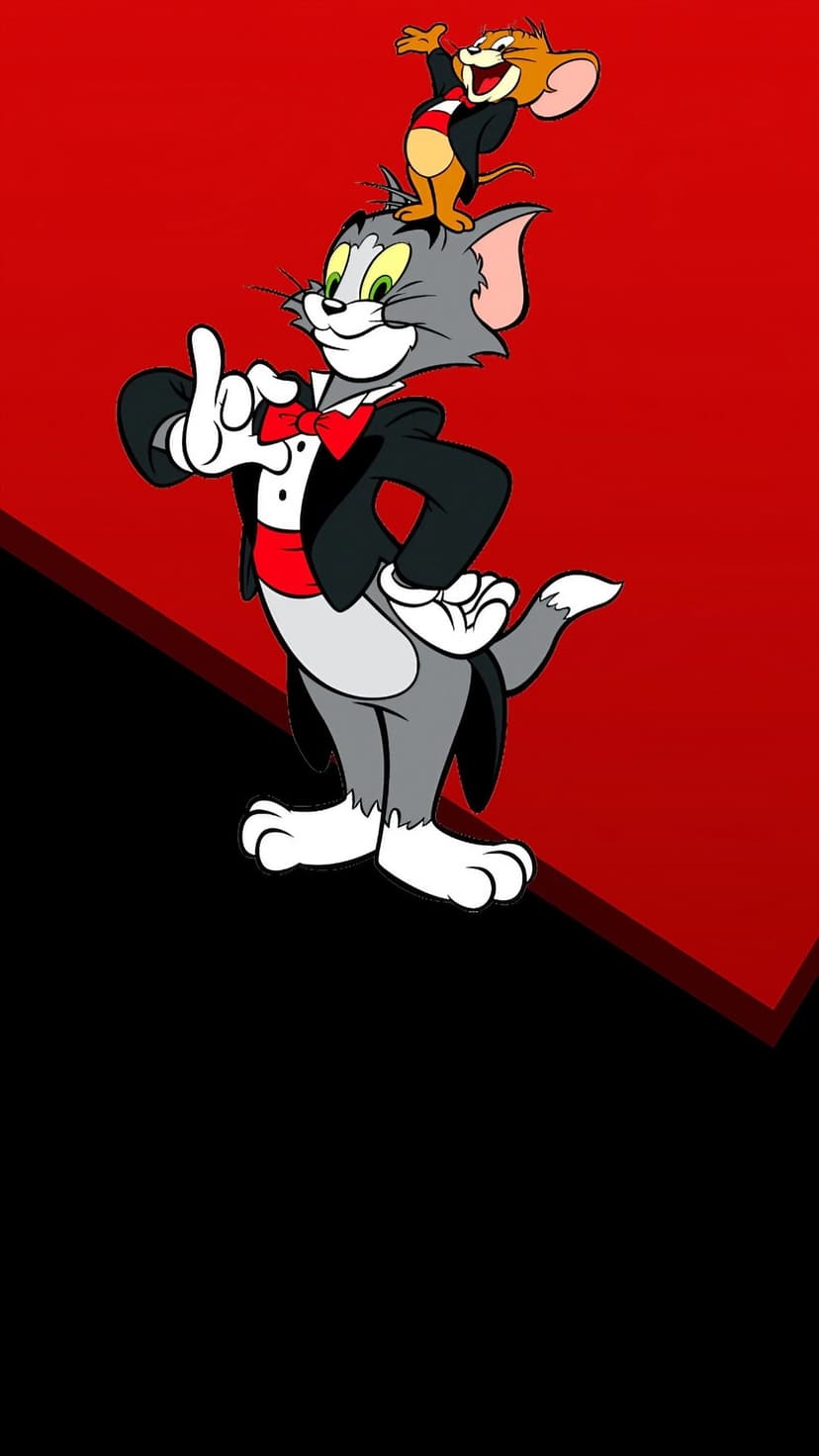 Tom the cat and Jerry the mouse wear black tuxedos and red bow ties against a red and black split background.