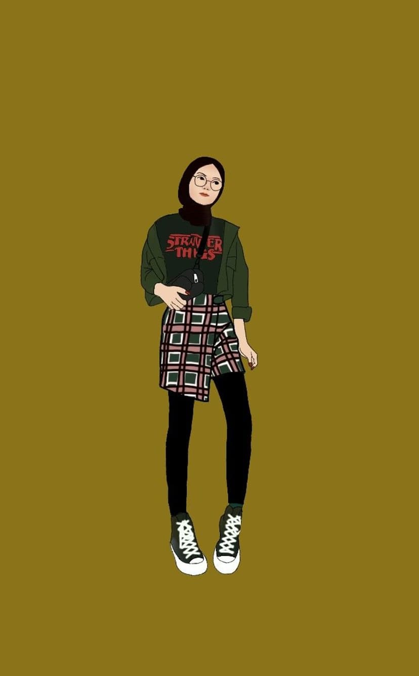 Muslim woman in a black hijab, olive jacket, and plaid skirt stands confidently wearing high-top sneakers.