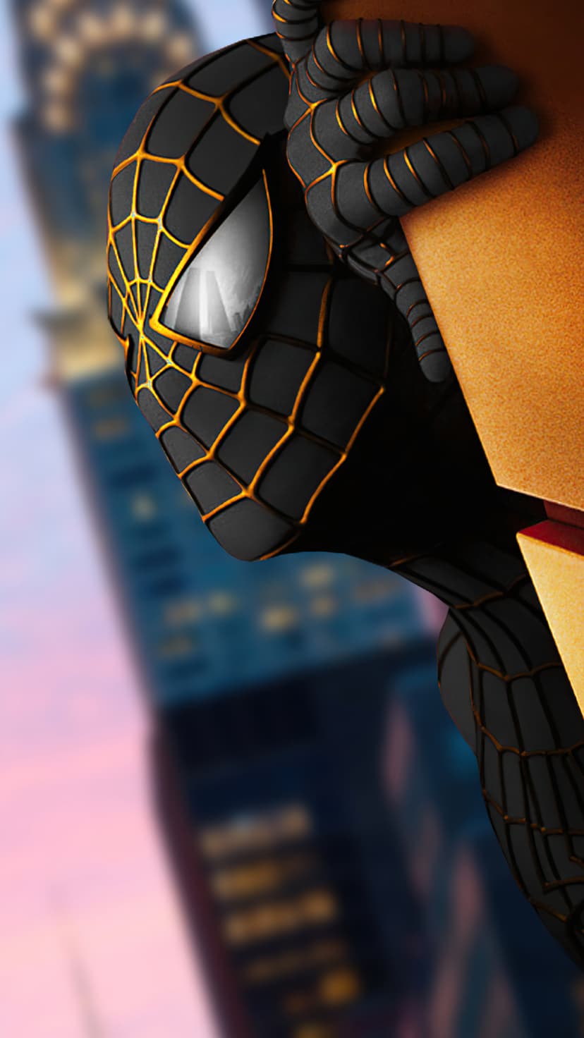 Spider-Man in a black suit with gold webs clings to a wall while overlooking a glowing sunset city skyline.